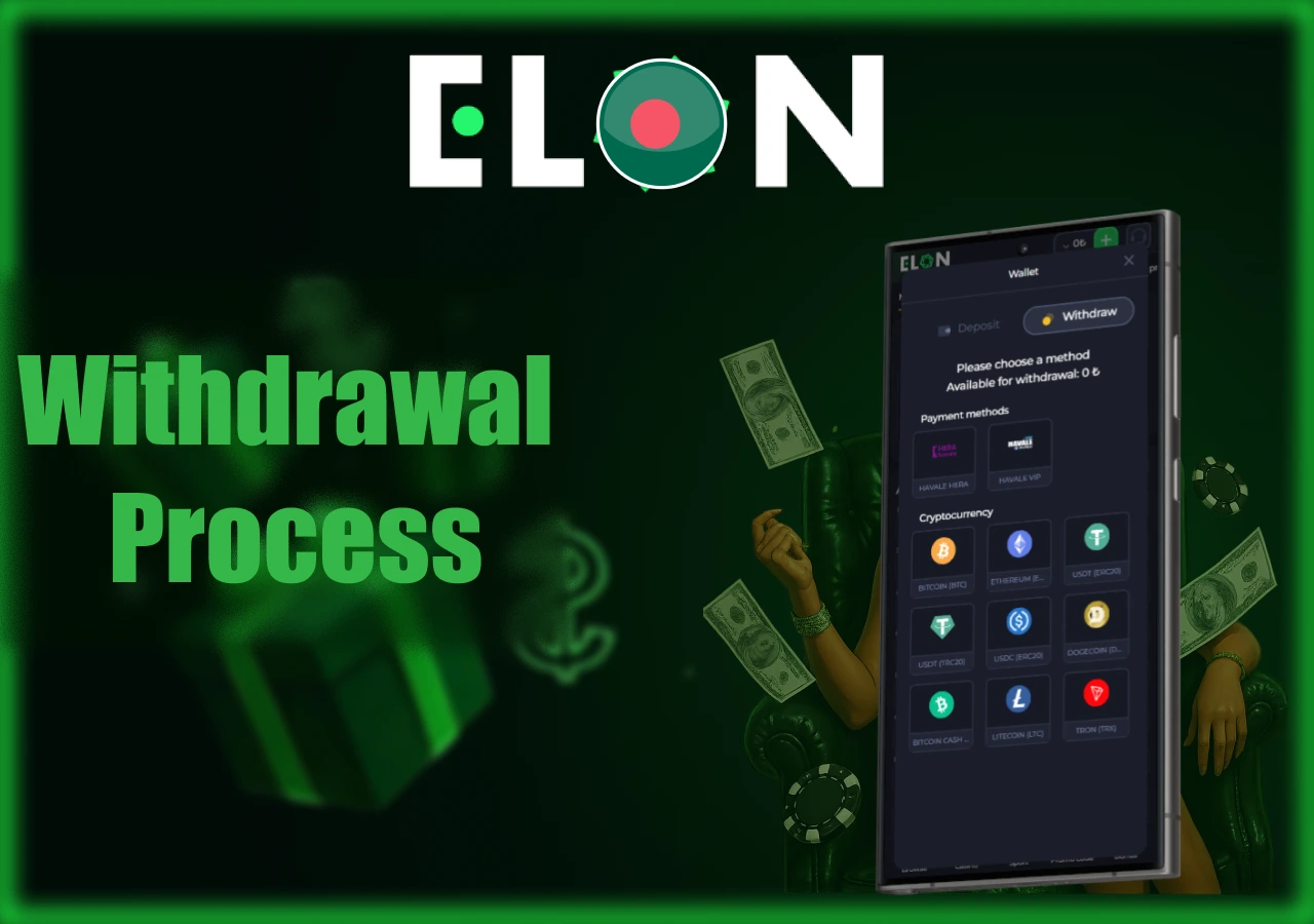 Withdrawal screen showing ElonBet payment options and cryptocurrency methods for Bangladeshi users